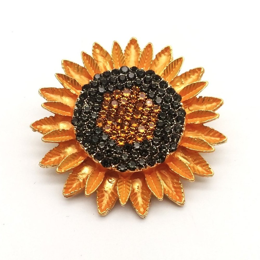 Sunflower Brooch Enamel Rhinestone Pin Stylish Glam Hollywood Trendy Sunshine
